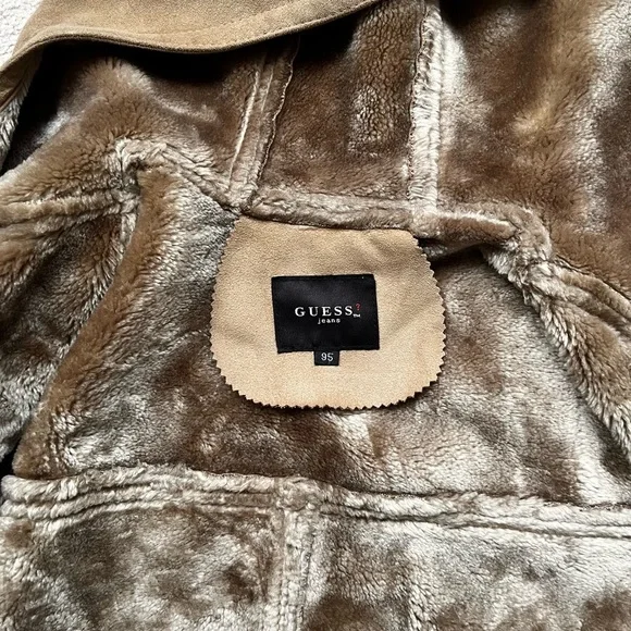 Guess Jeans Vintage Coat Faux Shearling Hooded Jacket Retro Sherpa - Picture 4 of 13